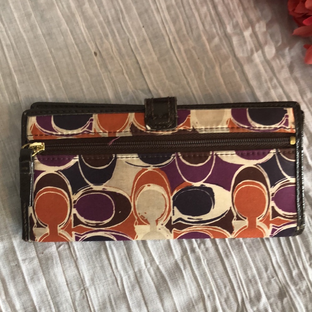 COACH Ashley Signature Silk bifold checkbook wallet brown leather w/purple - Picture 7 of 16